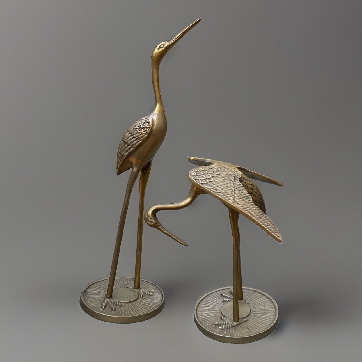 Solid Brass Set Of Cranes/Herons Vintage 12” Tall Standing & 8” Winged Solid Brass Set Of Cranes/Herons Vintage 12” Tall Standing & 8” Winged