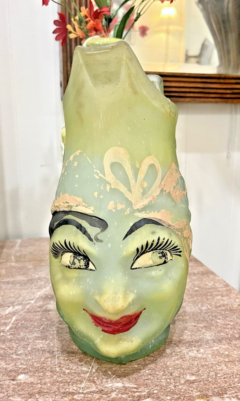 Hand Blown Mexican Pulque Figural Painted “Mae West” Pitcher C.1930's 11”x8”x8” Hand Blown Mexican Pulque Figural Painted “Mae West” Pitcher C.1930's 11”x8”x8”