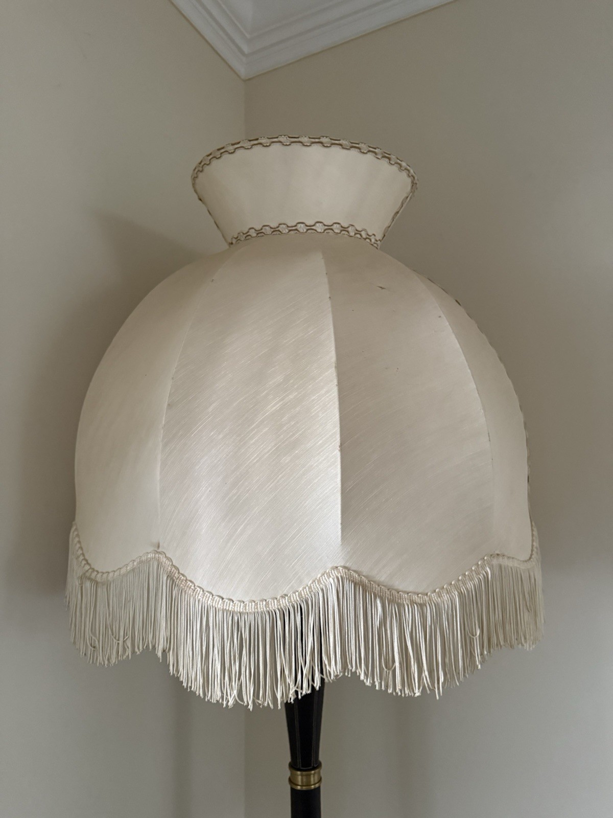 Antique Victorian Champagne Silky Fabric Colossal Lamp Shade W/Fringe 23”x23”