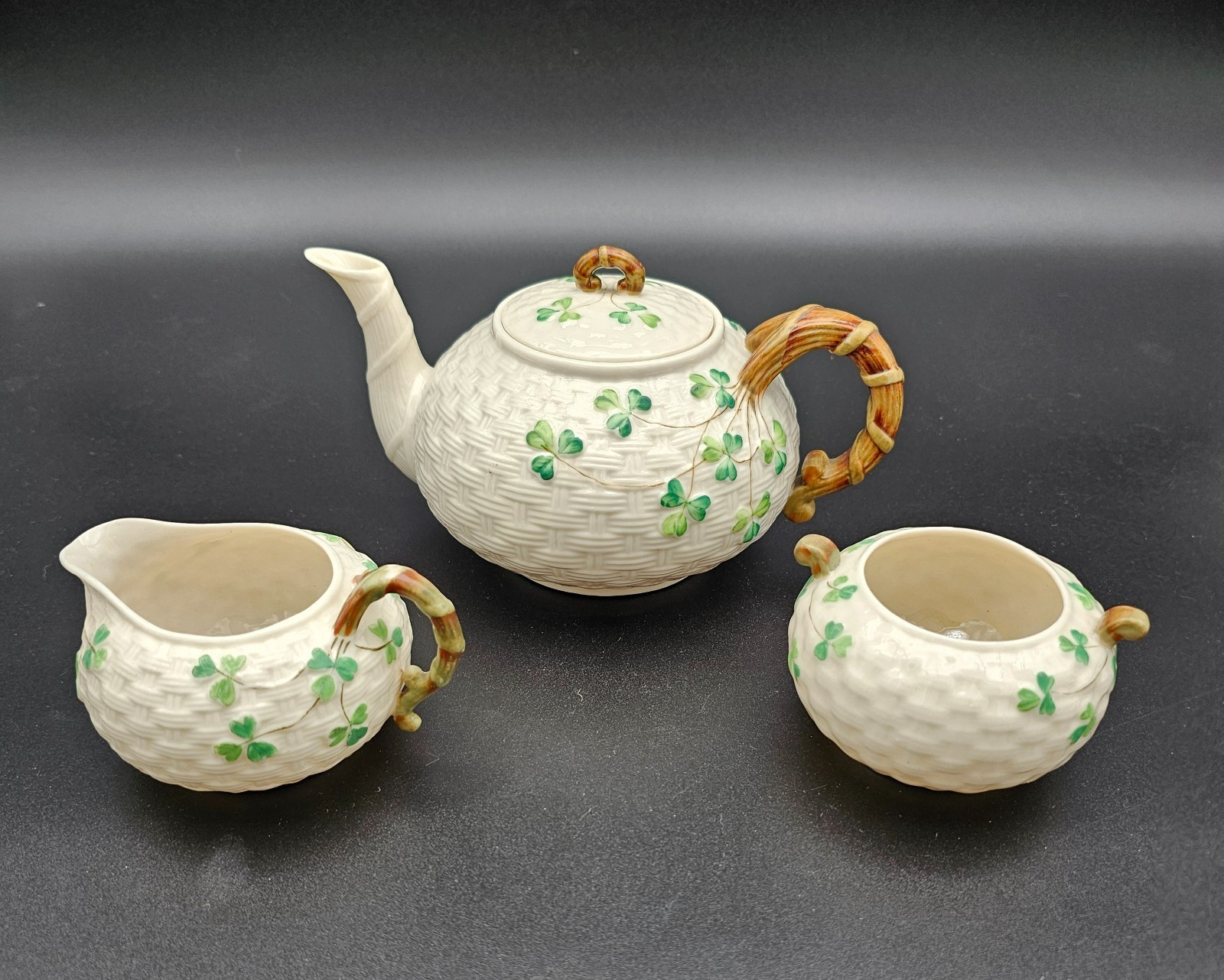 Vintage Belleek Shamrock Basket 3-Piece Tea Set Teapot Cream Sugar Ireland 1926