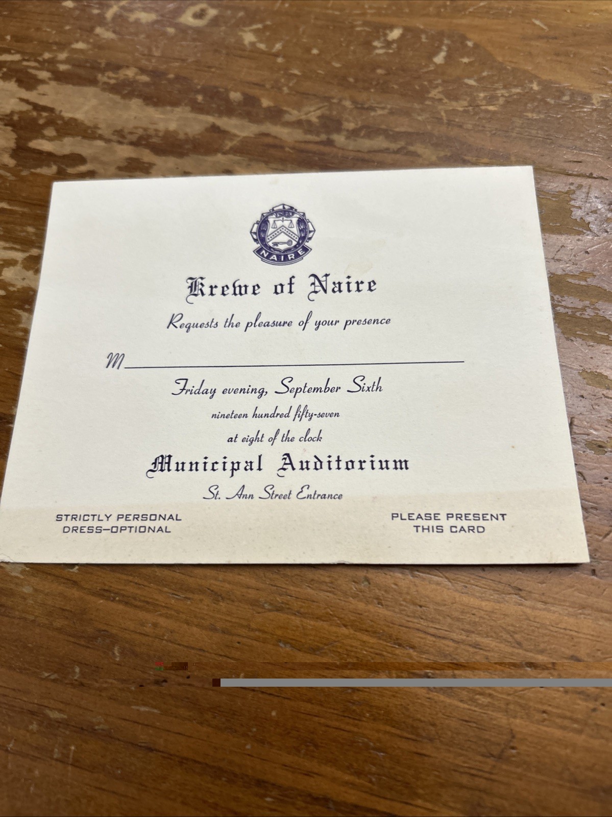 1957 Krewe of Naire Ball Invitation Mardi Gras Municipal Auditorium New Orleans 1957 Krewe of Naire Ball Invitation Mardi Gras Municipal Auditorium New Orleans