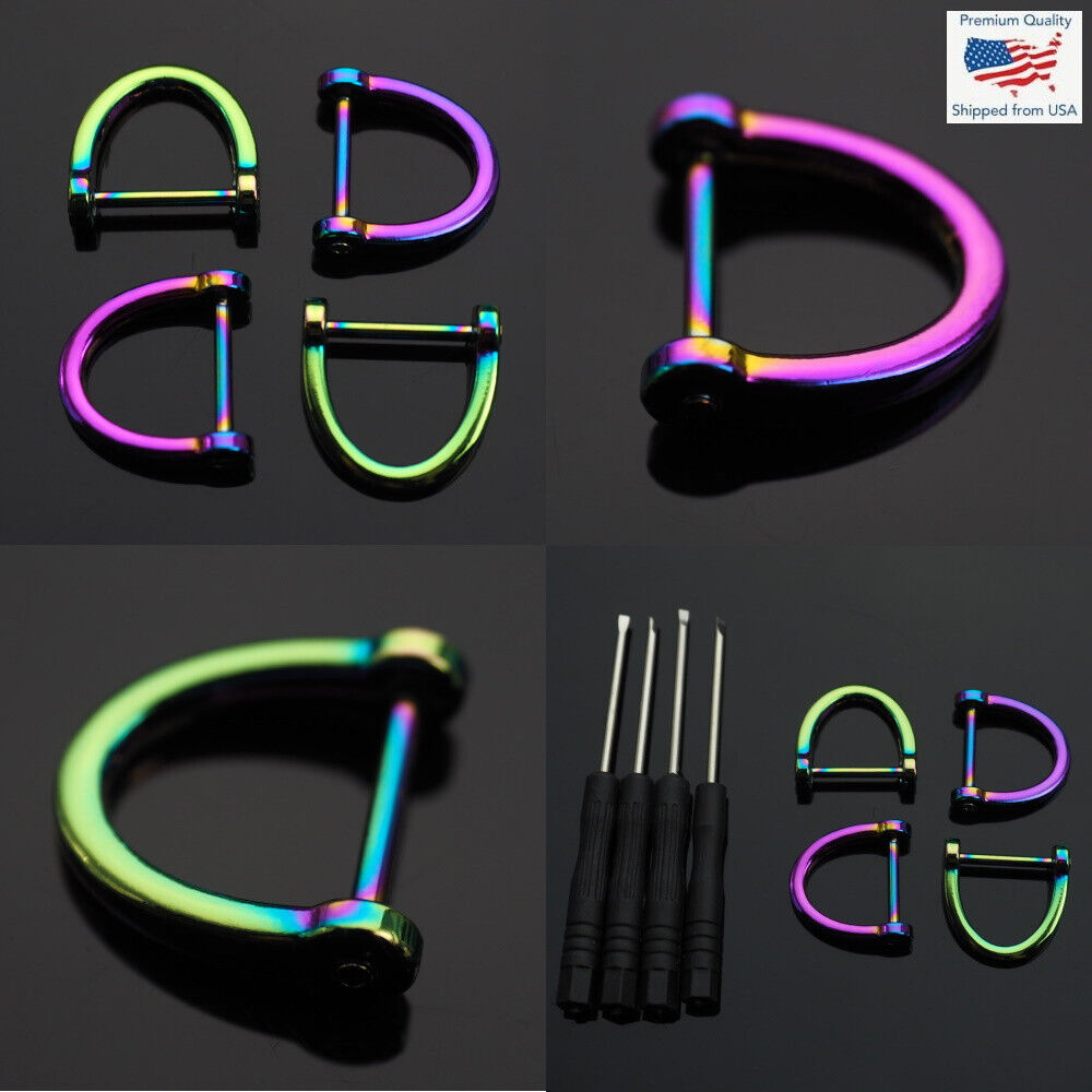 4pcs D-Ring Horseshoe U Shackle Key Ring Fob DIY Leather Craft - Neon Rainbow