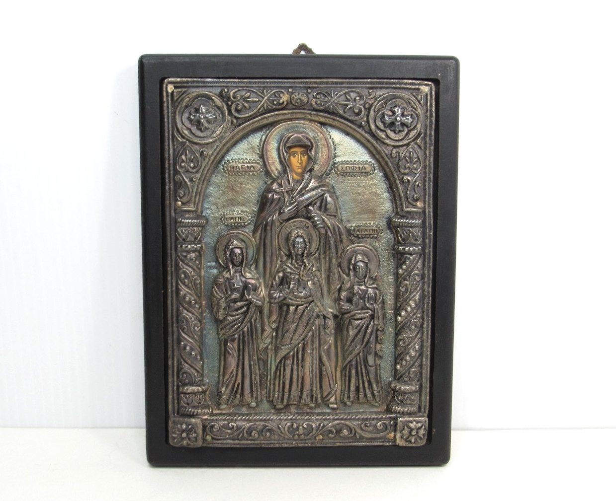 Vtg RARE 950 SILVER Wood Icon Greek Orthodox Byzantine St Sophia Faith Hope Love Vtg RARE 950 SILVER Wood Icon Greek Orthodox Byzantine St Sophia Faith Hope Love