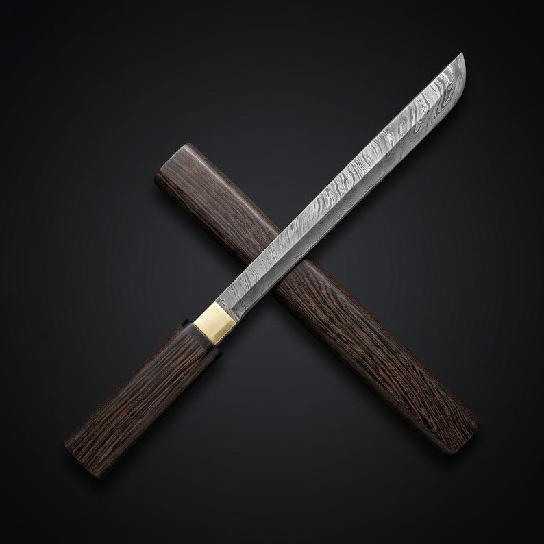 Handmade Damascus Steel Wenge Tanto Sword | Japanese Shirasaya Short Sword