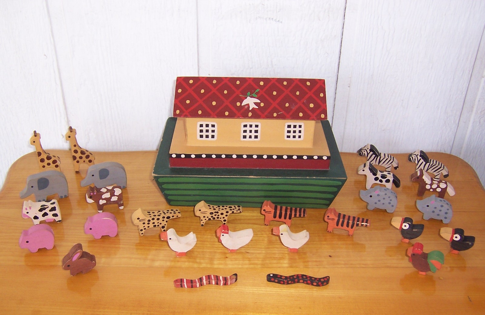 VTG 1994 HEAVY WOOD BOX NOAHS ARK BOAT & 27 HAND PAINTED WOODEN ANIMALS 9\ VTG 1994 HEAVY WOOD BOX NOAHS ARK BOAT & 27 HAND PAINTED WOODEN ANIMALS 9\