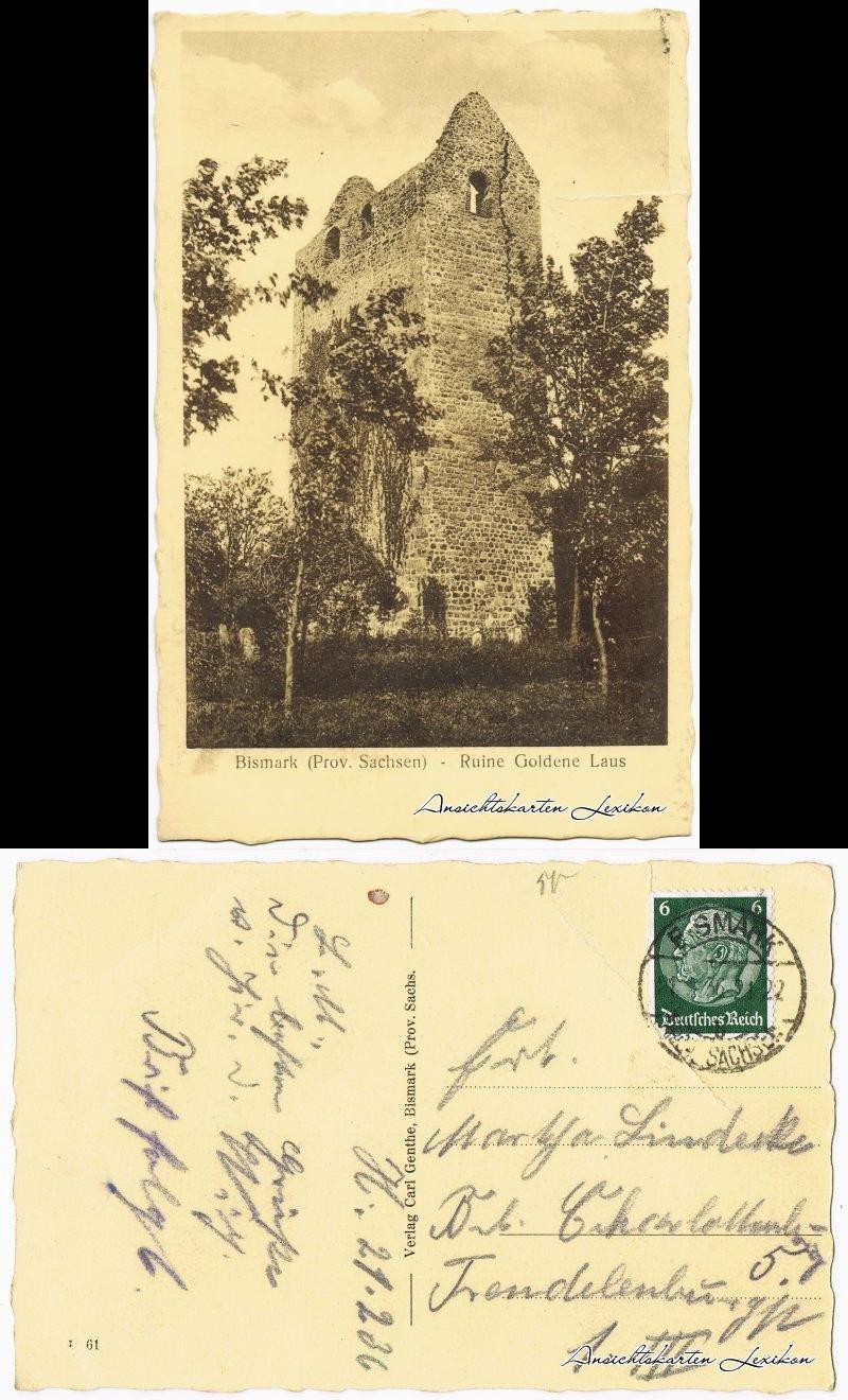 Postcard Bismark (Altmark) ruin Golden Laus 1936