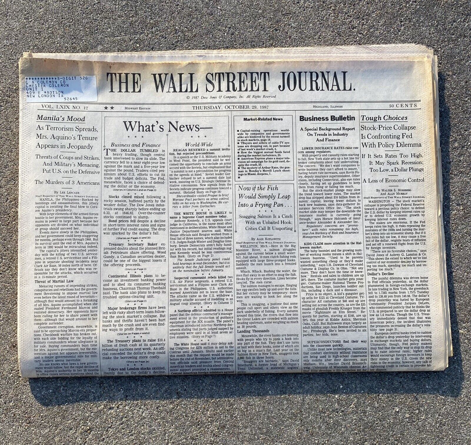 Wall Street Journal Newspaper Black Monday Stock Market Crash, October 29 1987