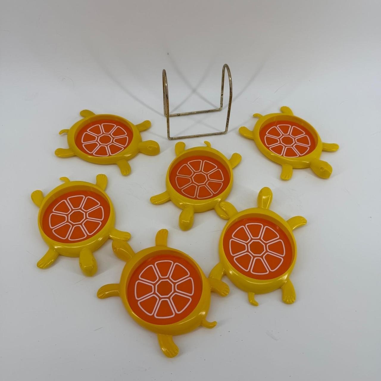 Vintage Turtle Coaster Set Unisex OS Yellow Excellent MCM Retro 6pc Caddy