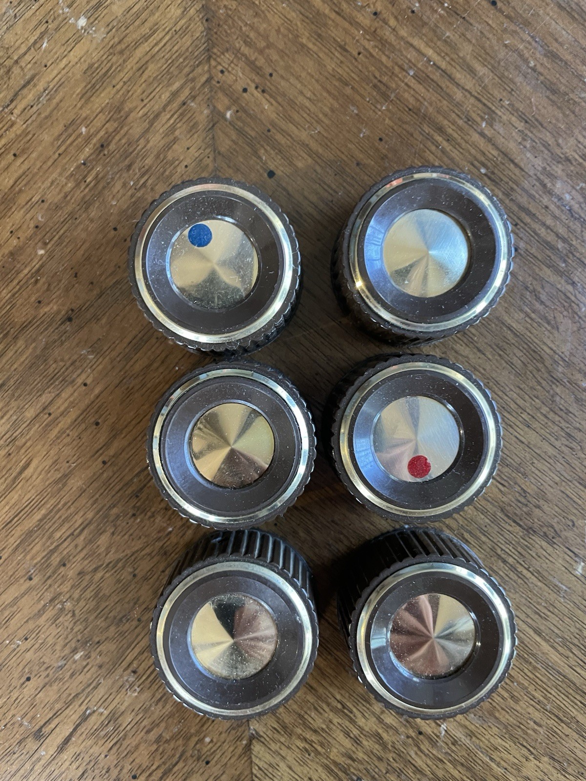 Lot of 6 Vintage Ham Radio Control Knobs Brown Chrome Set Screw Red Blue Dots Lot of 6 Vintage Ham Radio Control Knobs Brown Chrome Set Screw Red Blue Dots