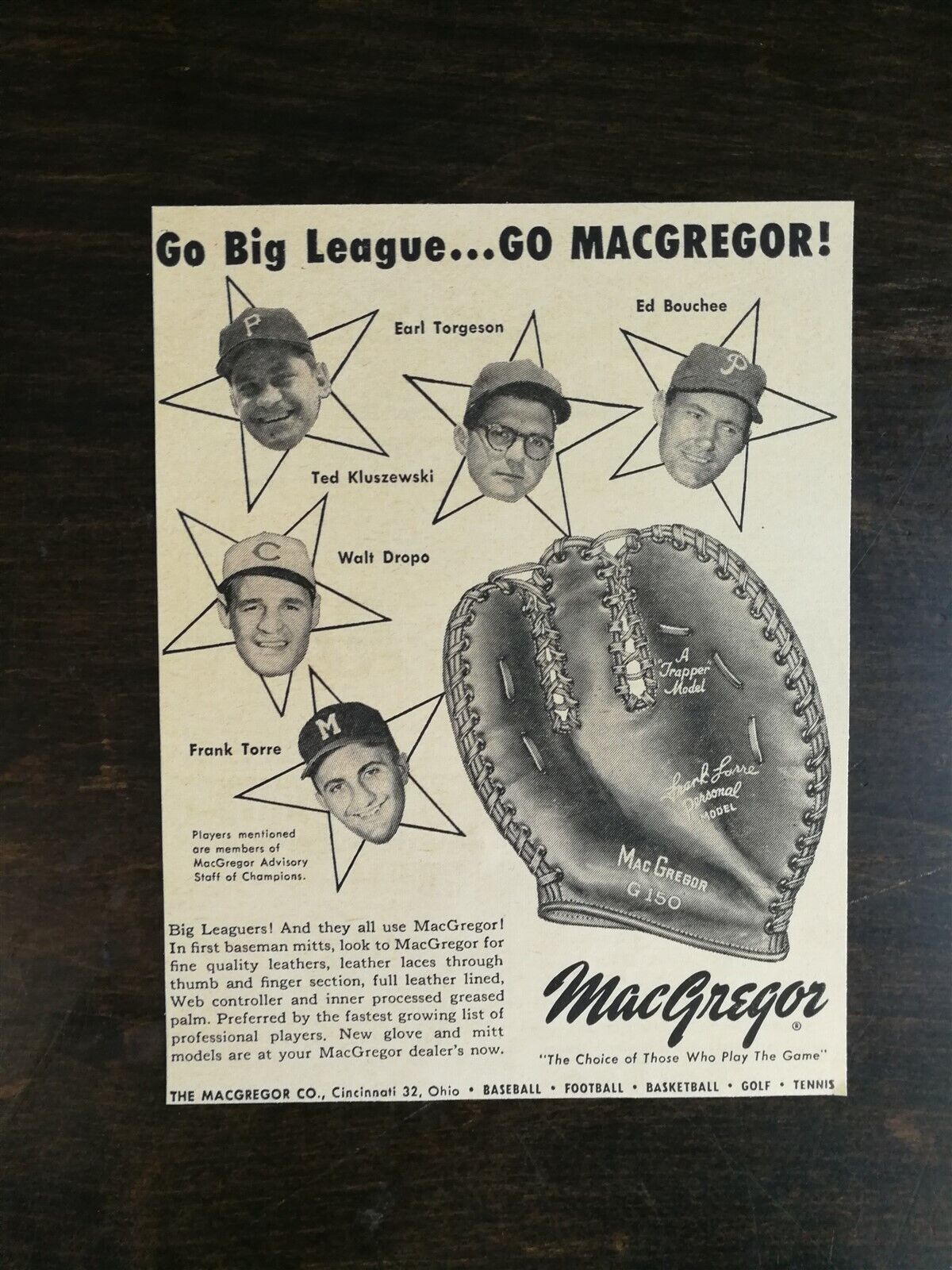 Vintage 1959 MacGregor Baseball Glove Ted Kluszewski Original Ad