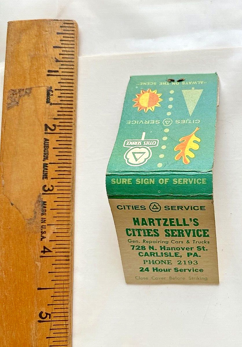 1940's Matchbook. Hartzell's Cities Service. Carlisle, Pennsylvania