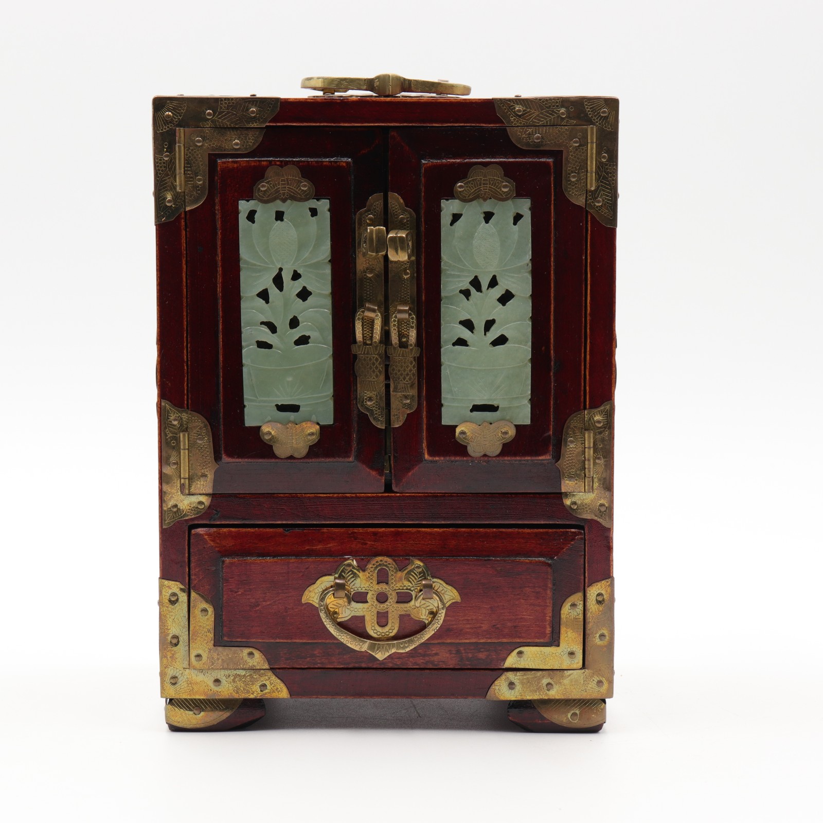 Vintage Shanghai Chinese Jewellery Cabinet Jade-Coloured Panels Brass Mounts Vintage Shanghai Chinese Jewellery Cabinet Jade-Coloured Panels Brass Mounts