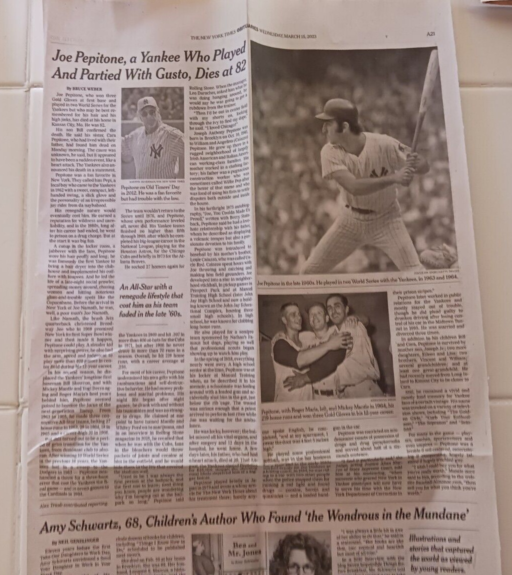 Joe Pepitone 82 Obituary New York Times Yankees You Coulda Made Us Proud 