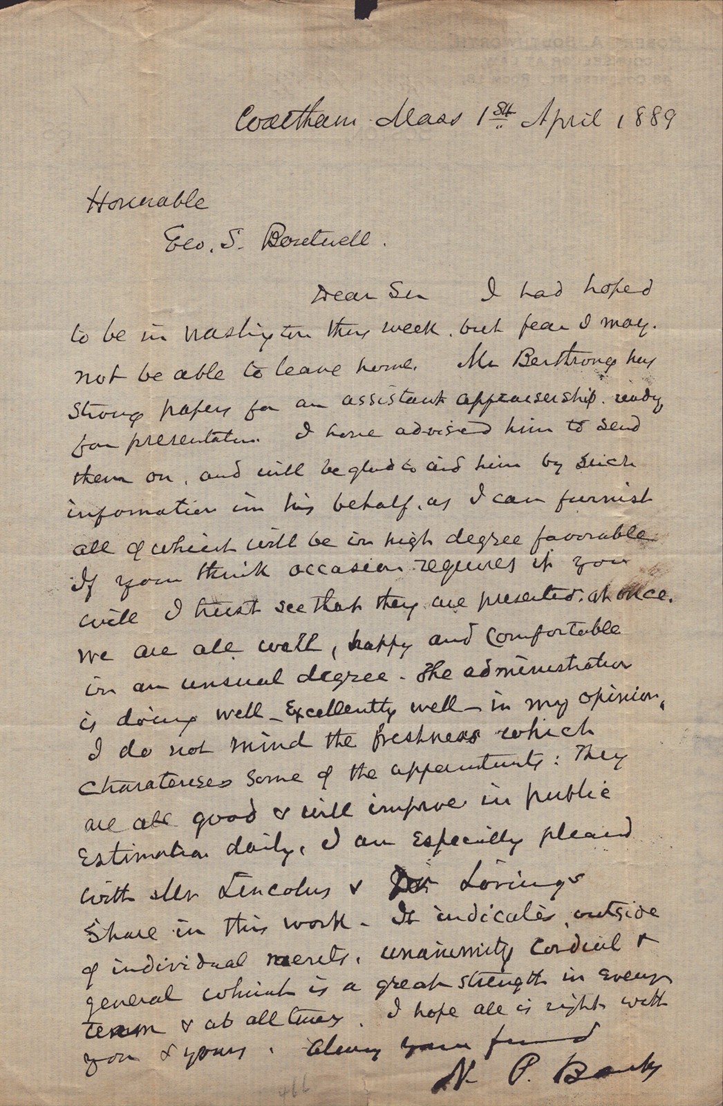 NATHANIEL P. BANKS - AUTOGRAPH LETTER SIGNED 04/01/1889