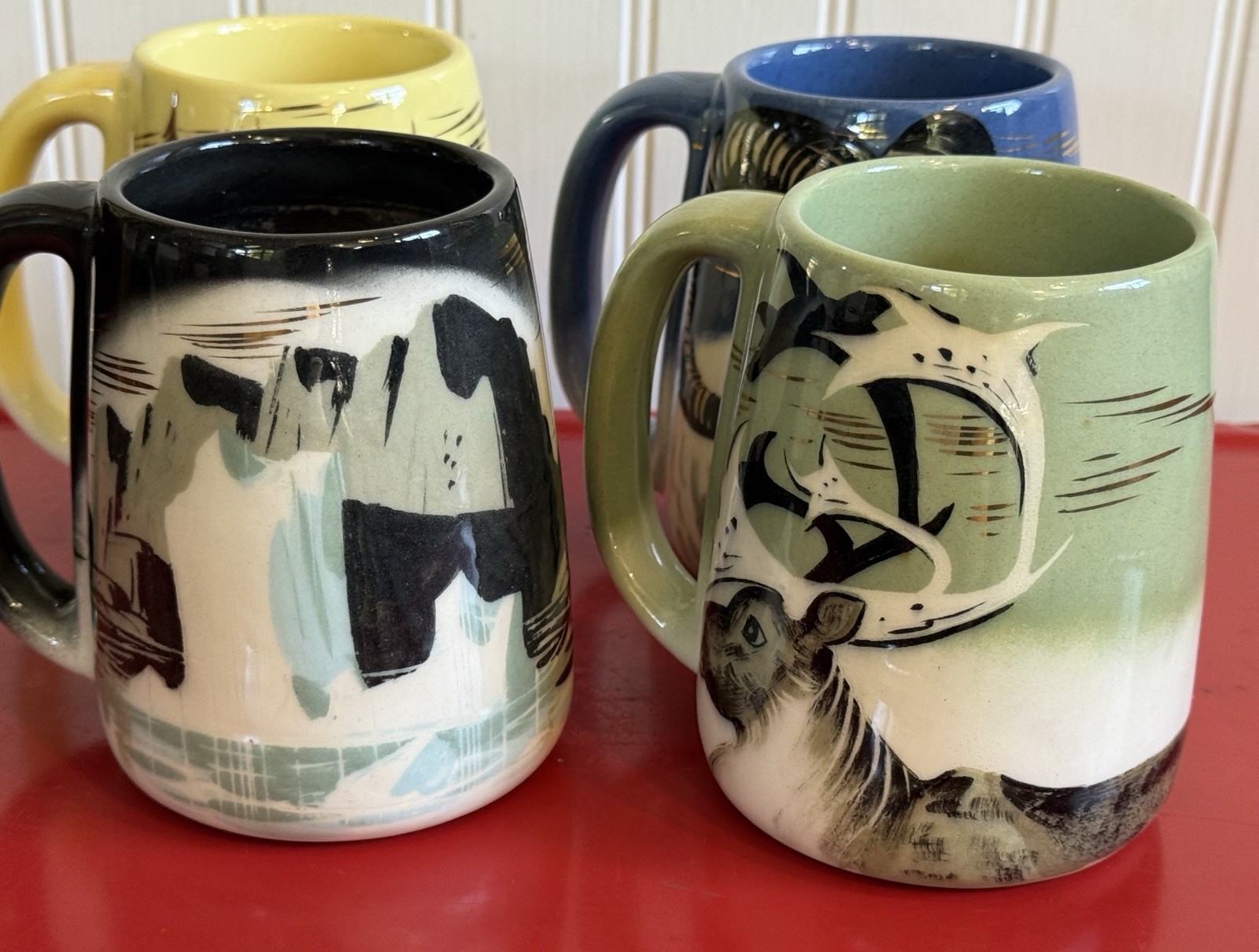 VTG Set 4 MCM Matthew Adams Alaska Pottery Mugs Gold Caribou Iceberg Ram Cabin VTG Set 4 MCM Matthew Adams Alaska Pottery Mugs Gold Caribou Iceberg Ram Cabin