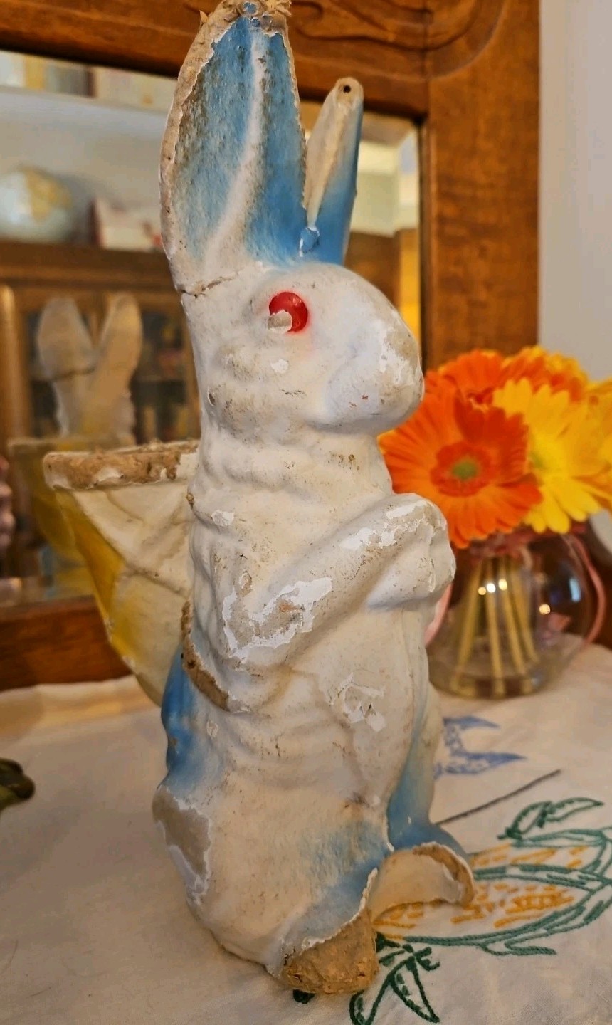 Antique Pulp Paper Mache Blue  Yellow Easter Bunny Rabbit Basket Candy Container