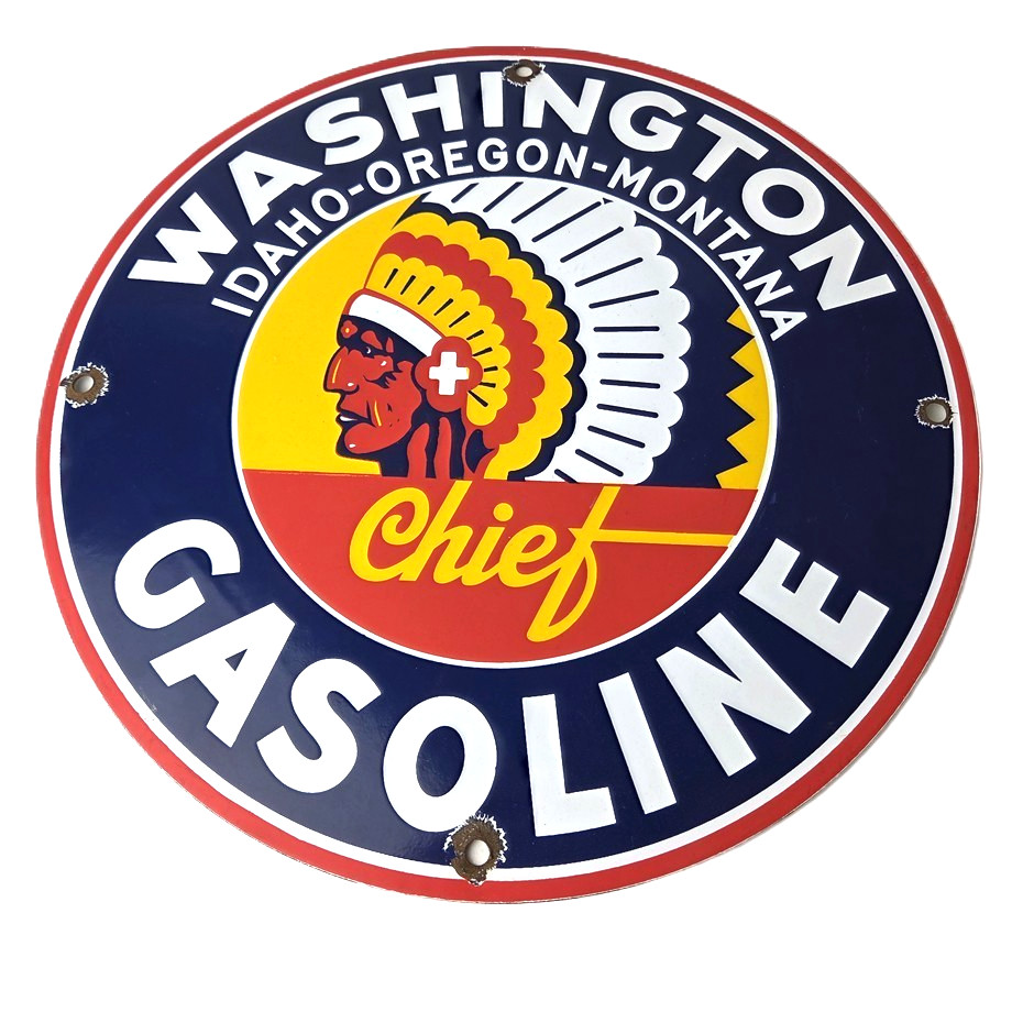 Vintage Washington Gasoline Sign - Indian Chief Gas Porcelain Service Pump Sign Vintage Washington Gasoline Sign - Indian Chief Gas Porcelain Service Pump Sign