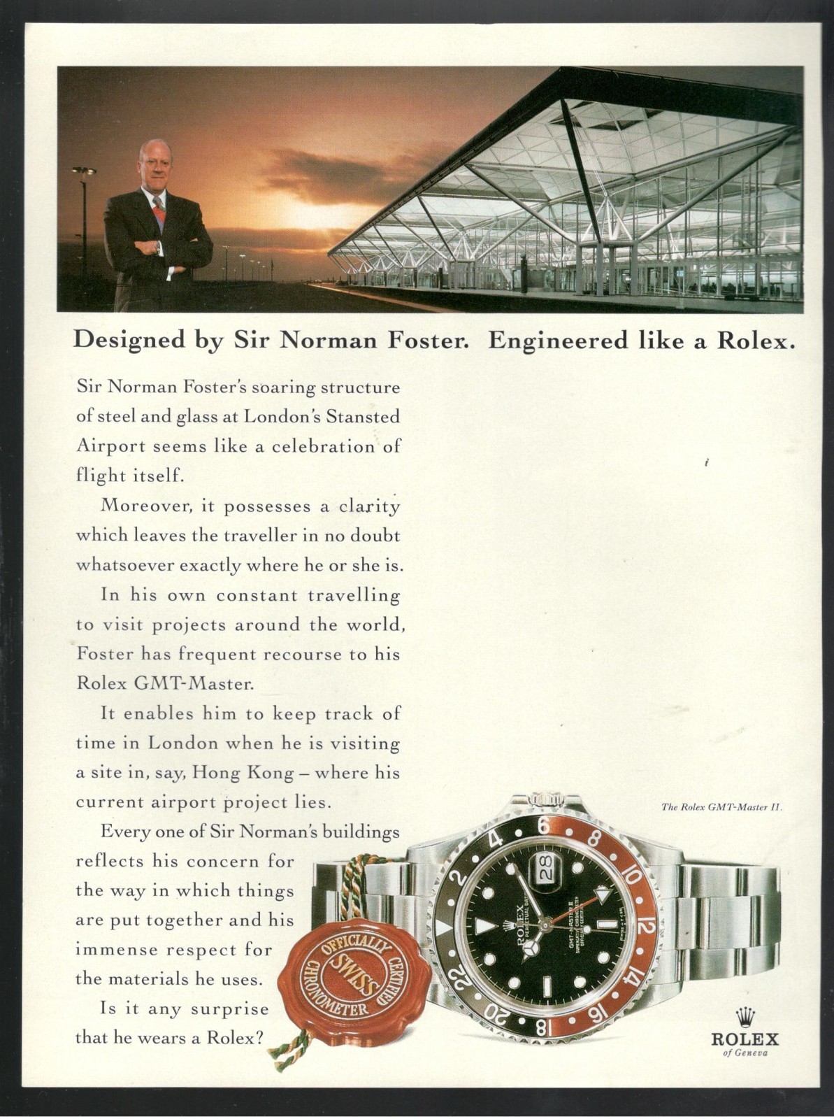Rolex Advertisement 1988 Oyster Gmt Master Ii Sir Norman Foster 1 Page