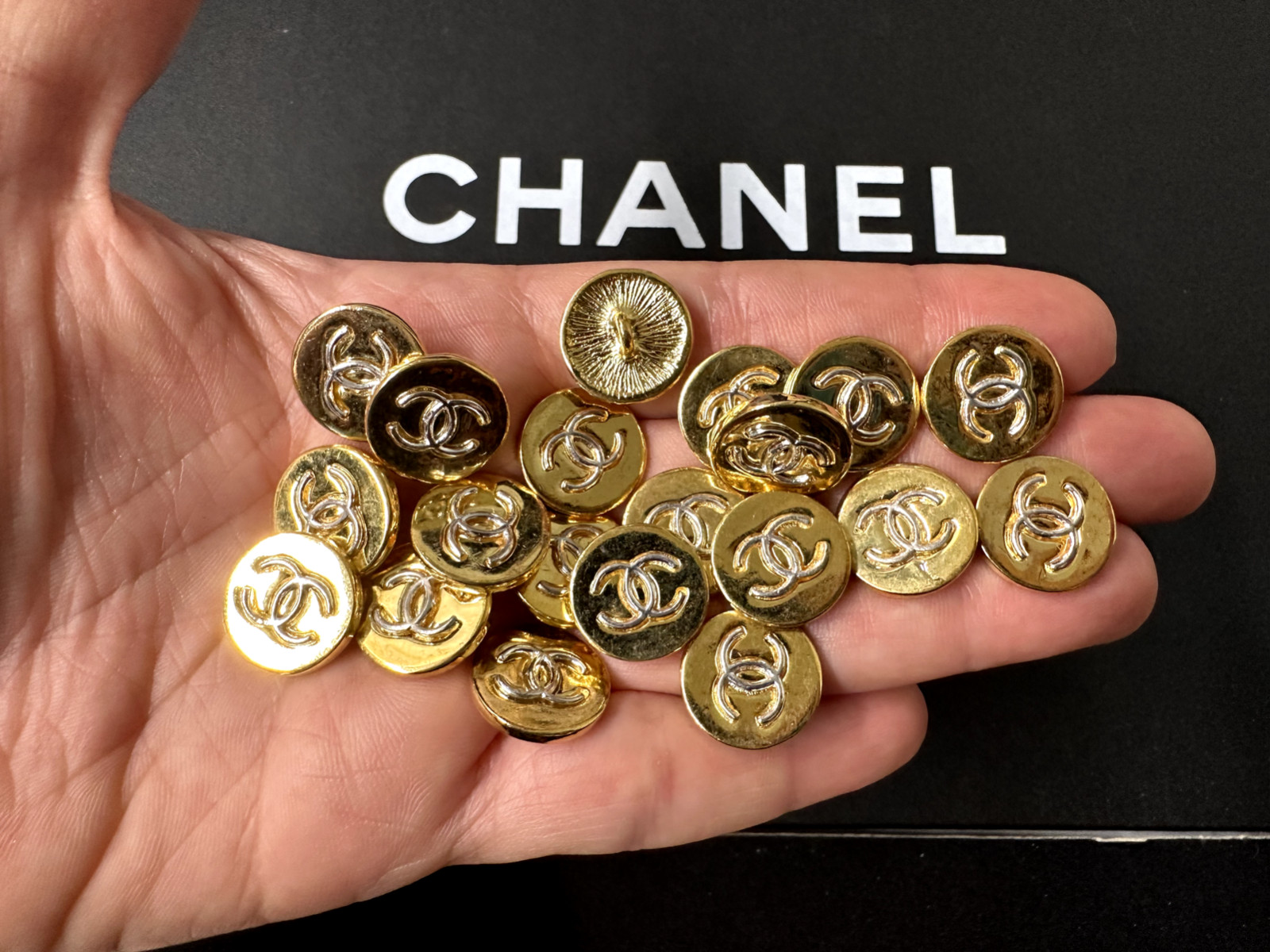 Vintage CHANEL Gold color Metal Button CC Logo in Silver High Relief LOT OF 12 Vintage CHANEL Gold color Metal Button CC Logo in Silver High Relief LOT OF 12