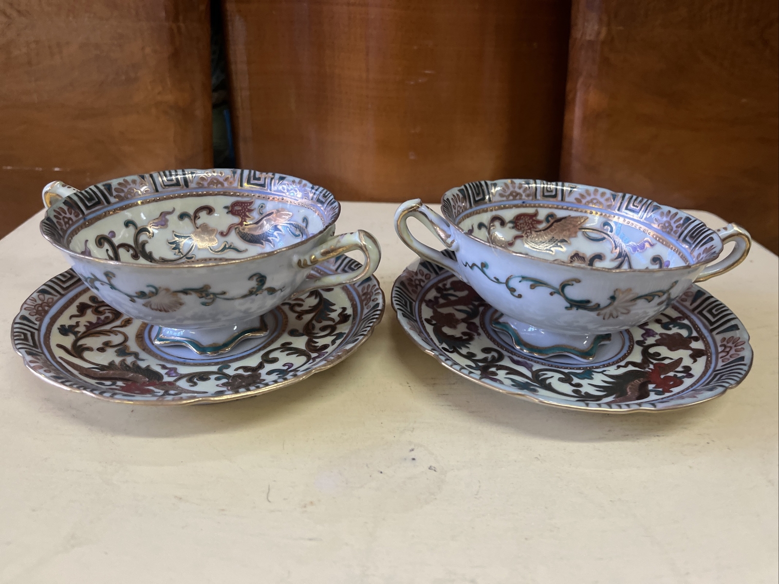 2 antique vintage japan gold trim with bird bouillon cream soup cup & saucers 2 antique vintage japan gold trim with bird bouillon cream soup cup & saucers
