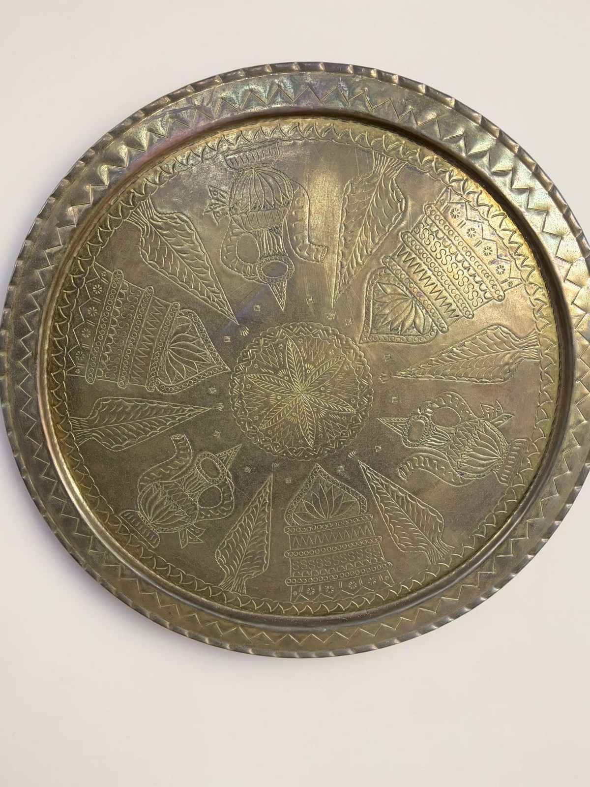 Vintage Persian Middle Eastern Hand Chased Brass Tray Platter 23