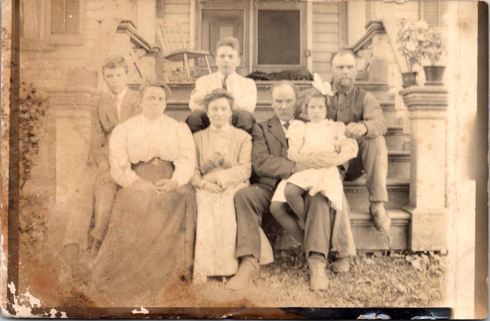 RPPC Group Portrait Seven People on Porch Steps Vintage Postcard 4P24-24 RPPC Group Portrait Seven People on Porch Steps Vintage Postcard 4P24-24
