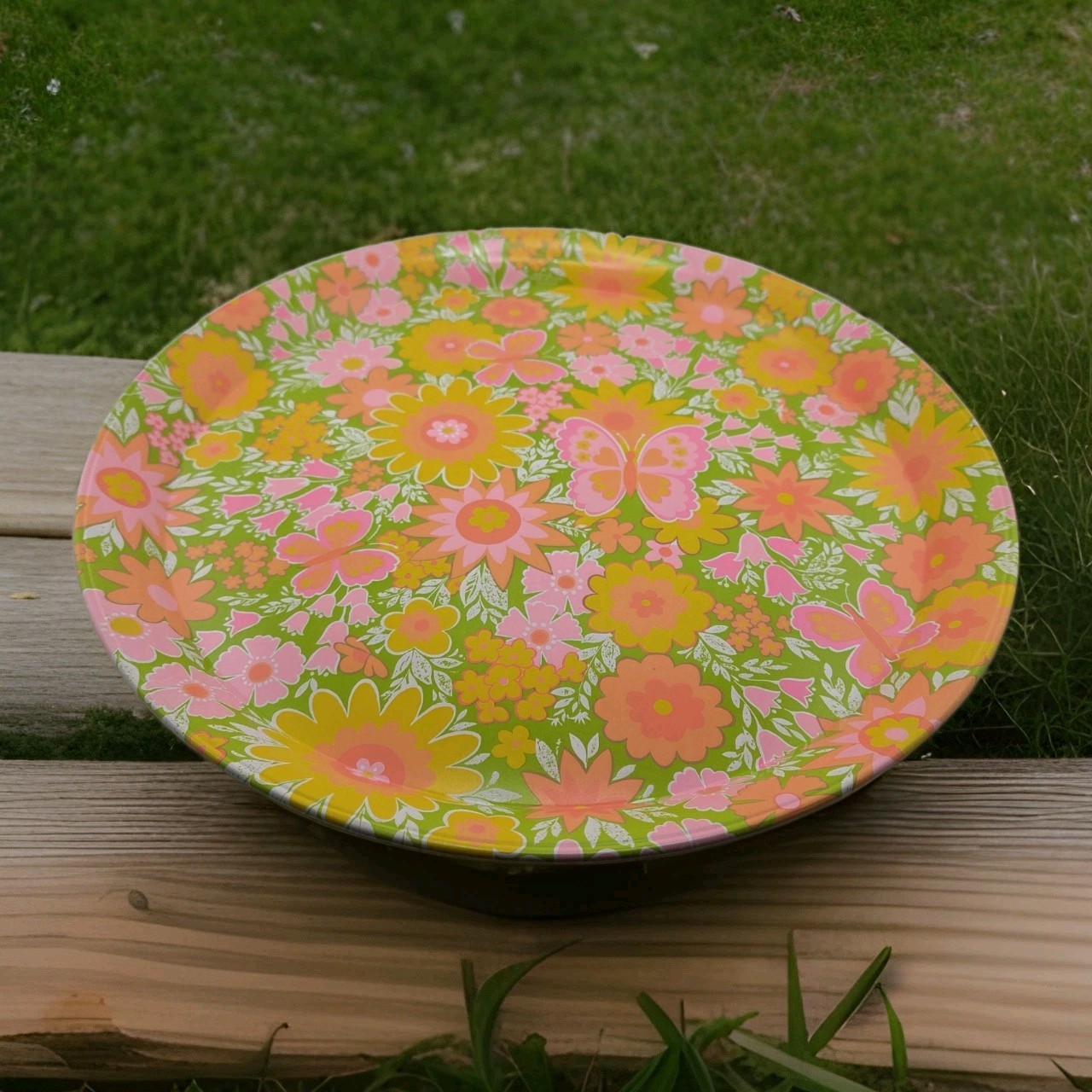 VTG Cheinco Flower Power Metal Serving Tray Groovy Mod Floral Butterflies MCM