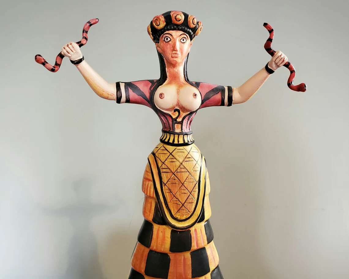Minoan Snake Goddess Statue, Cretan Snake Goddess Sculpture, Antique Style Minoan Snake Goddess Statue, Cretan Snake Goddess Sculpture, Antique Style