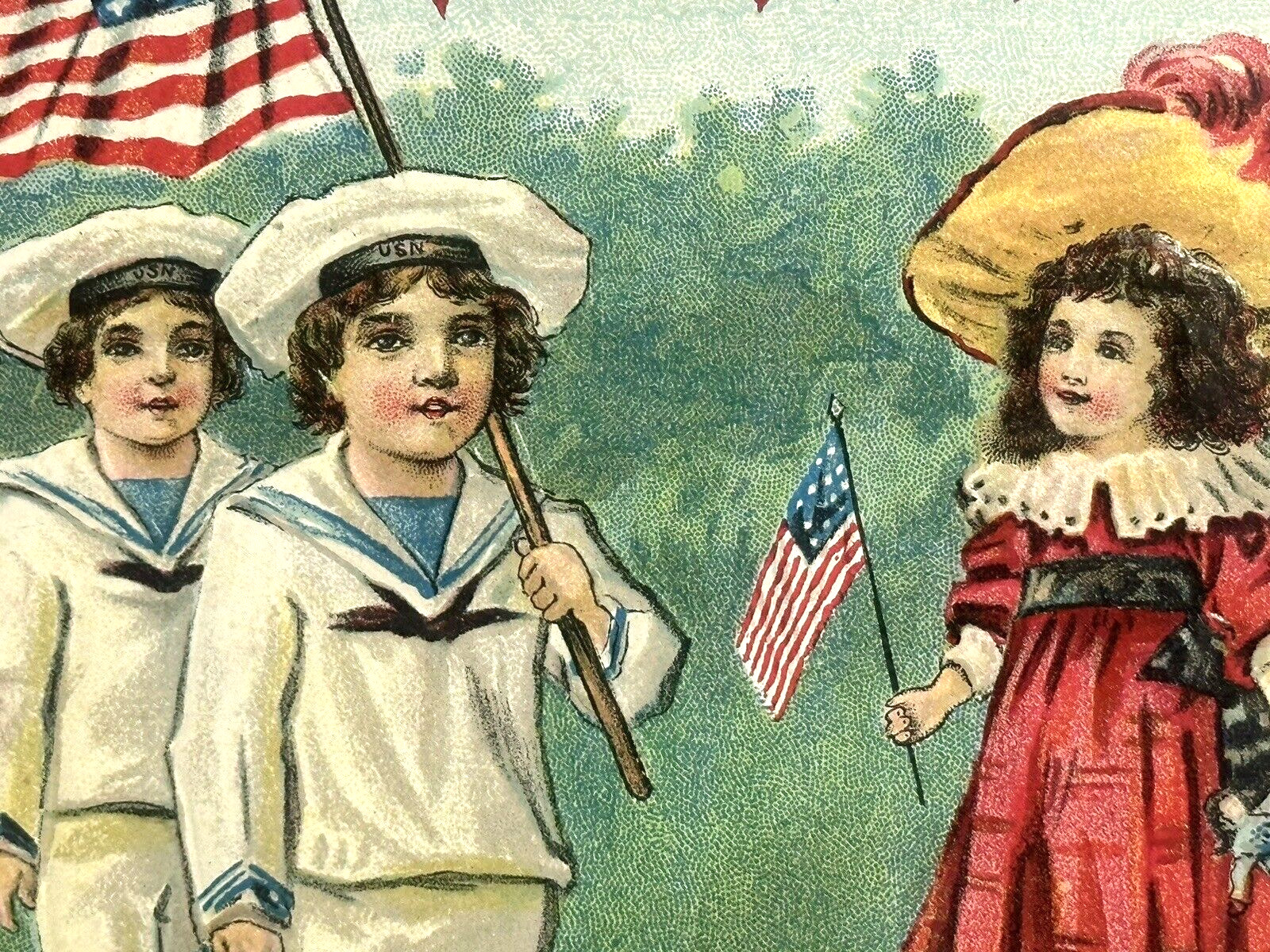 Memorial Day Postcard Patriotic Children Sailor Parade Girl Red Dress USA Flag