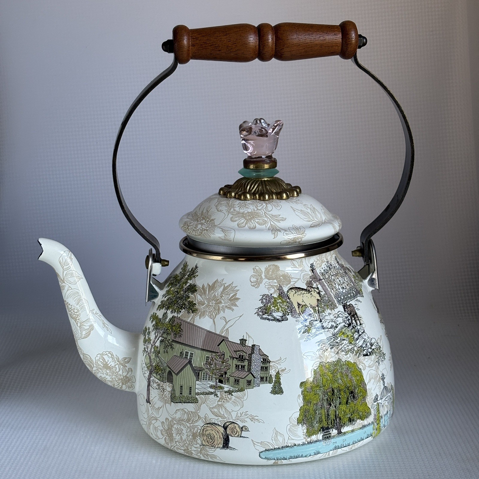 MacKenzie Childs Aurora Farm 2 Qt Enamel Tea Kettle Retired Rare Preowned USED MacKenzie Childs Aurora Farm 2 Qt Enamel Tea Kettle Retired Rare Preowned USED