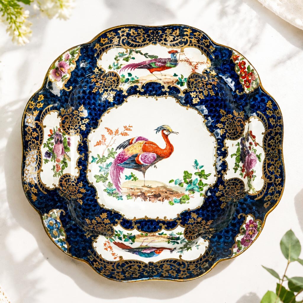 Nice 19th Century Antique Hand Painted Plate Cobalt Blue Gilt Porcelain Bird