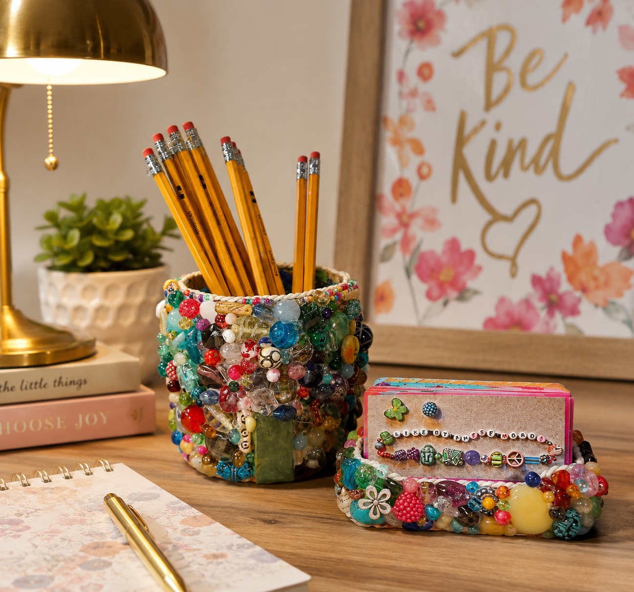 Handmade Colorful Beaded Pencil Holder & Business Card Holder Desk Organizer Set
