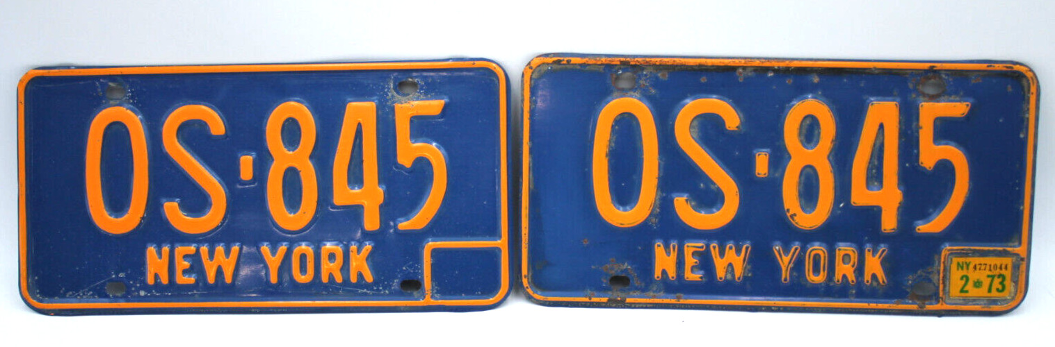 2pc 1973 New York License Plates Pair #OS-845 1966 1967 1968 1969 NY Original
