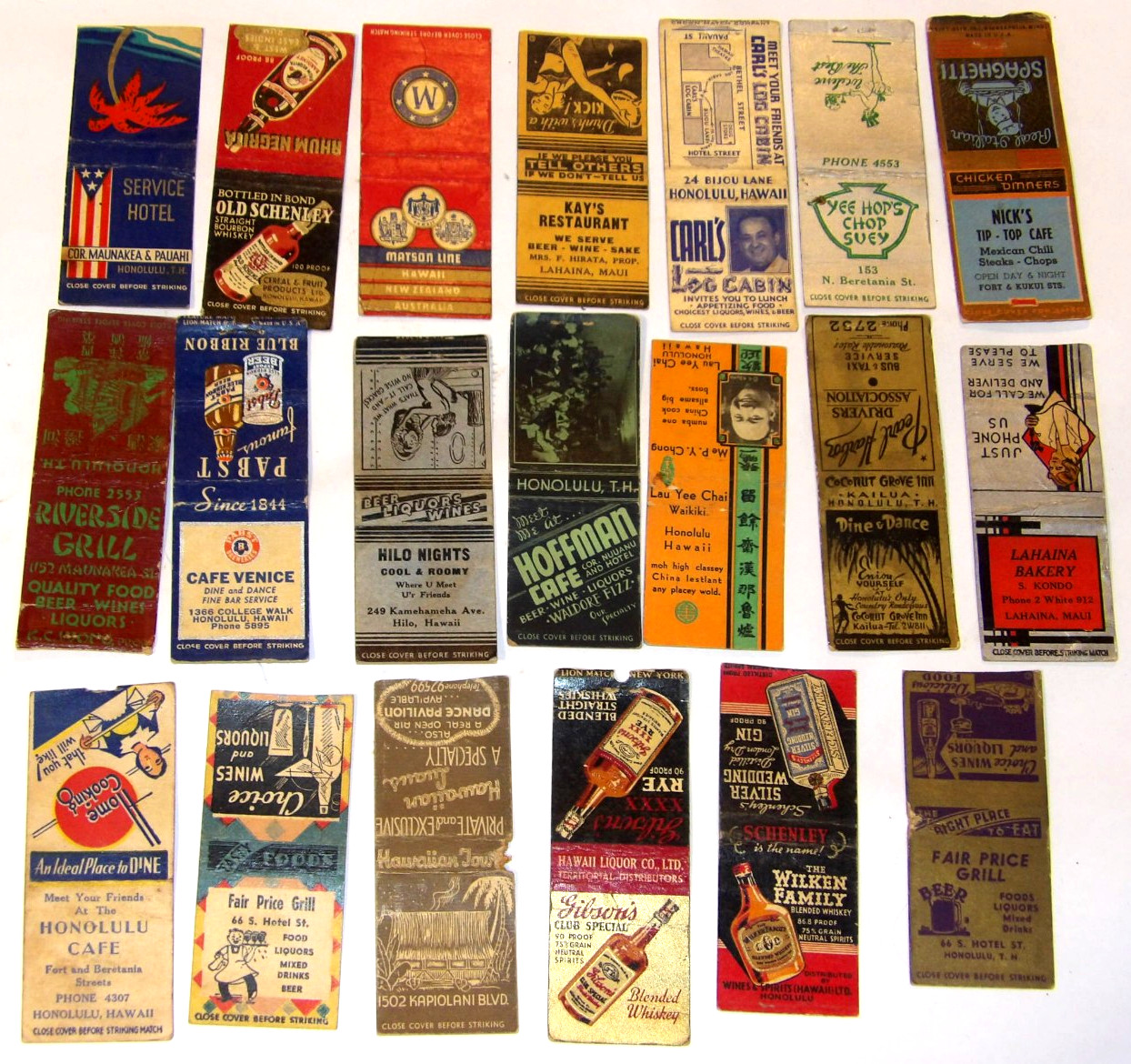 20 USED 1940s HAWAII MATCHBOOK COVERS HONOLULU/RESTAURANTS/BAKERY/CAFE/HOTEL+++ 20 USED 1940s HAWAII MATCHBOOK COVERS HONOLULU/RESTAURANTS/BAKERY/CAFE/HOTEL+++
