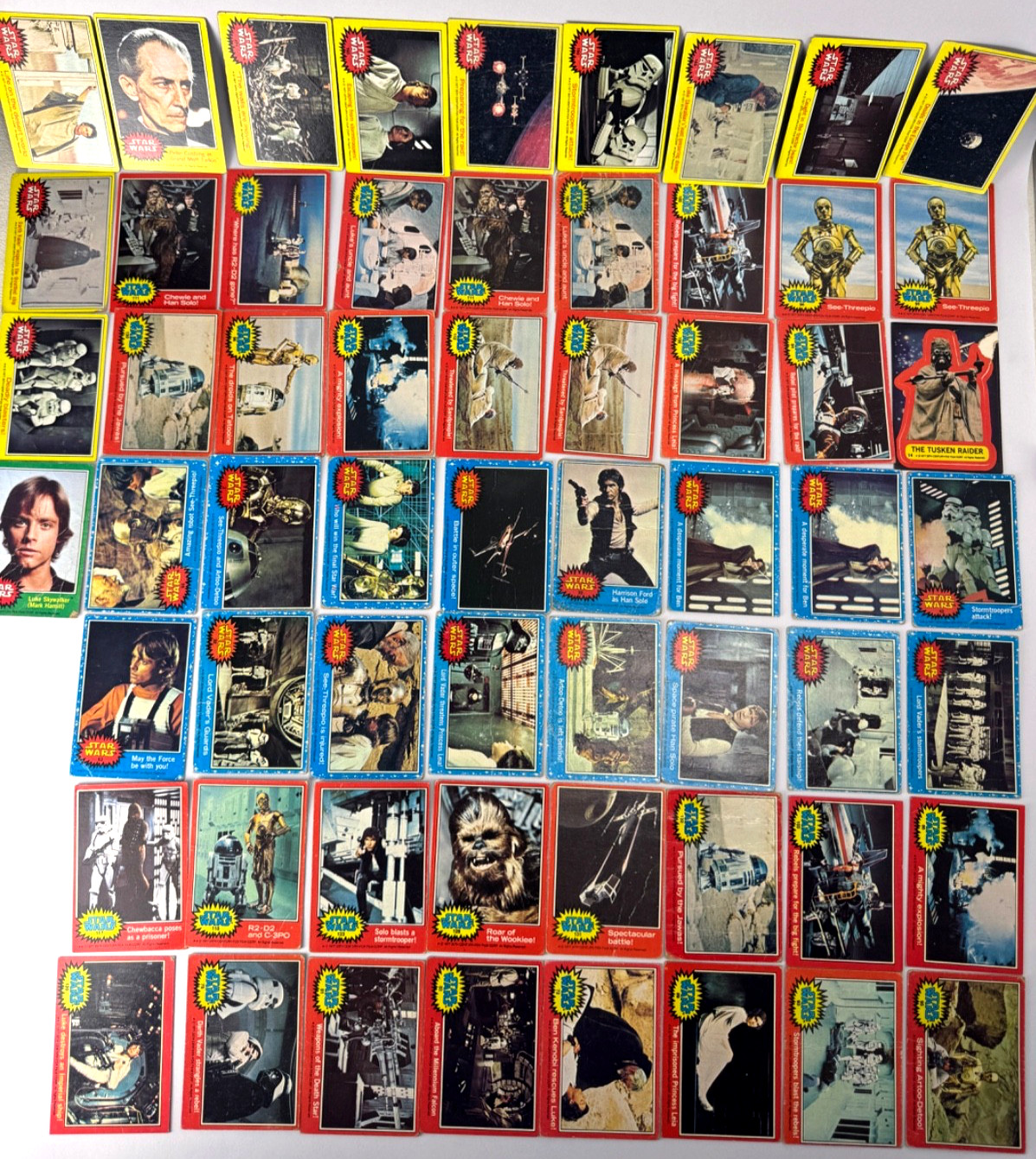 1977 Topps Star Wars Blue Yellow Green Red Series Lot of 60 Low Grade Cards 1977 Topps Star Wars Blue Yellow Green Red Series Lot of 60 Low Grade Cards