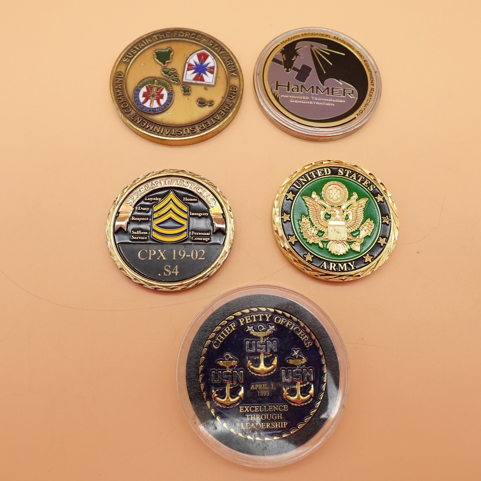 Lot Of 5 US Army Navy Military Challenge Coins Sgt First Class CPO HAMMER