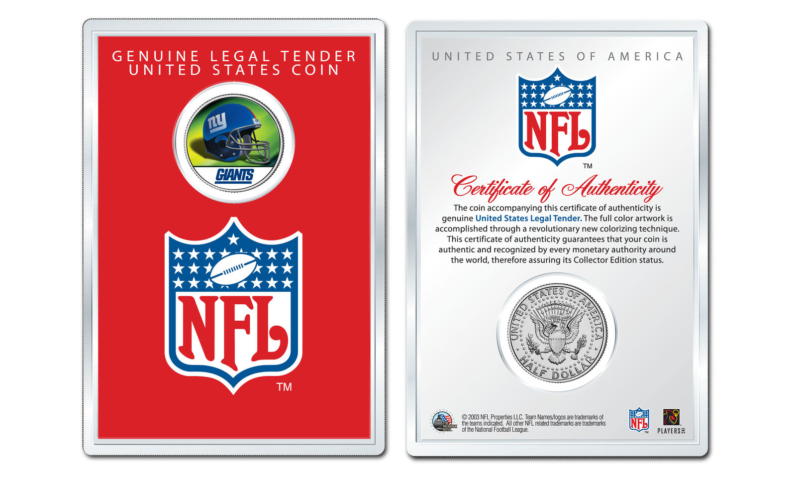 NEW YORK GIANTS NFL Helmet JFK Half Dollar US Coin w/ NFL Display Case LICENSED