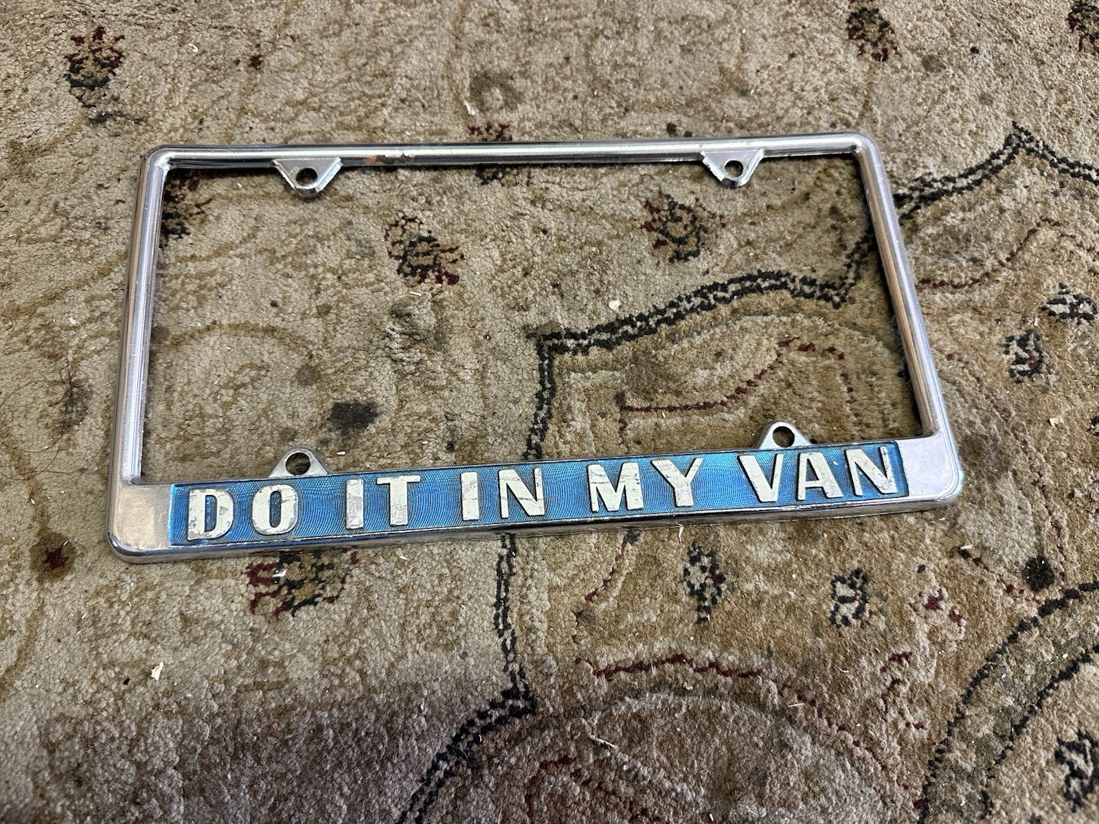 Rare Vintage 1970’s Do It In My Van License Plate Frame USA Blue Patina Boogie Rare Vintage 1970’s Do It In My Van License Plate Frame USA Blue Patina Boogie