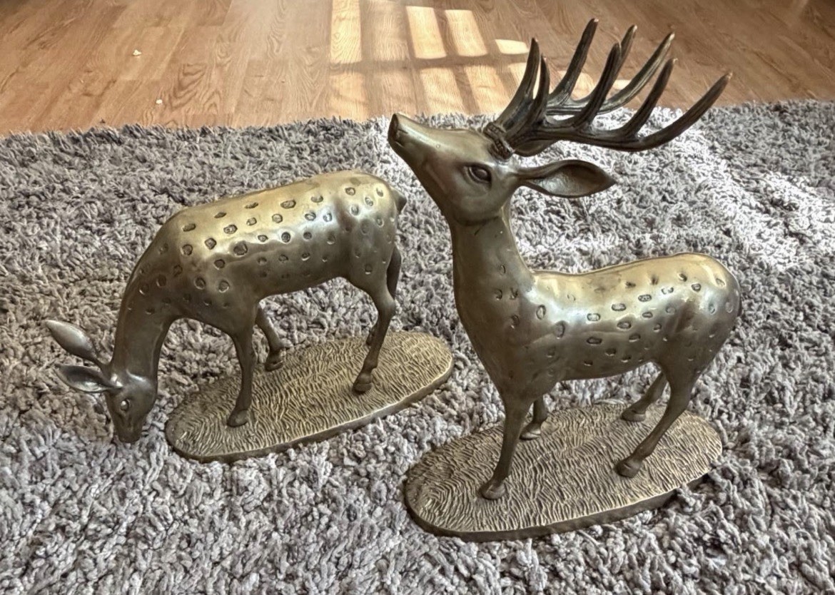 Brass Deer (2) Vtg Mid Century Modern Spotted Buck & Doe Reindeer Christmas 12” Brass Deer (2) Vtg Mid Century Modern Spotted Buck & Doe Reindeer Christmas 12”
