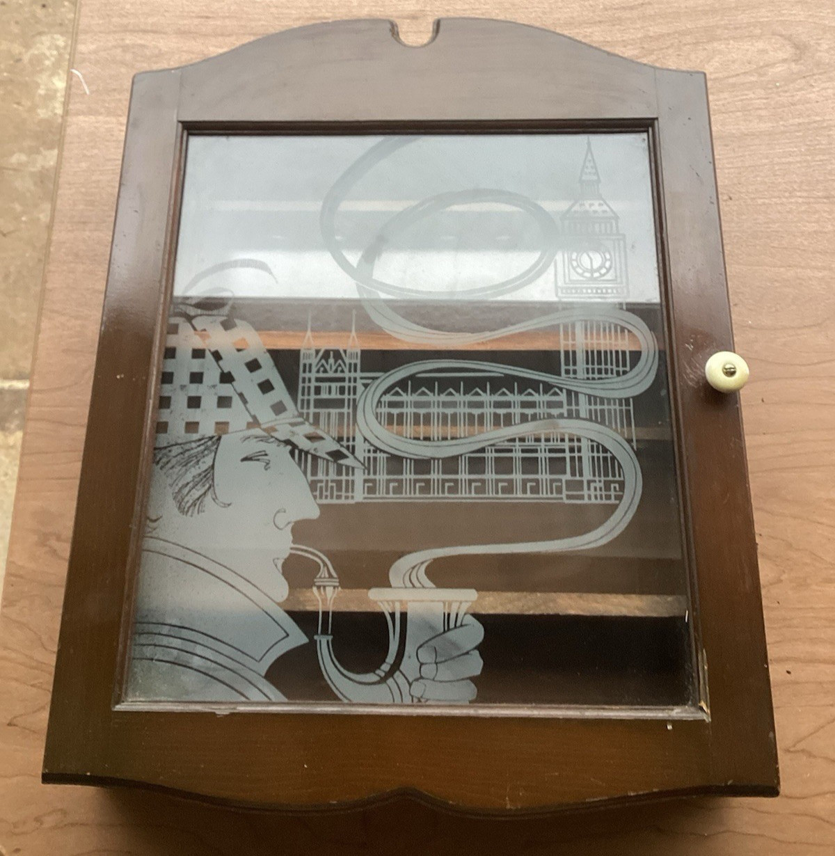 Vintage Sherlock Holmes Pipe Cabinet Etched Glass Display Case