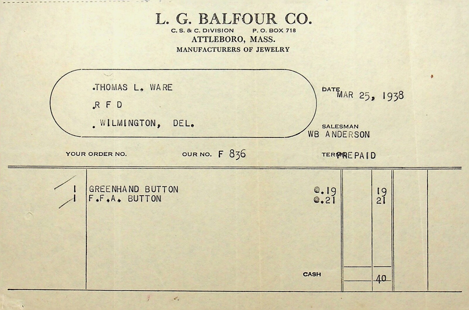 1938 RARE L.G. BALFOUR INVOICE FOR 40 CENTS - E14-A 1938 RARE L.G. BALFOUR INVOICE FOR 40 CENTS - E14-A