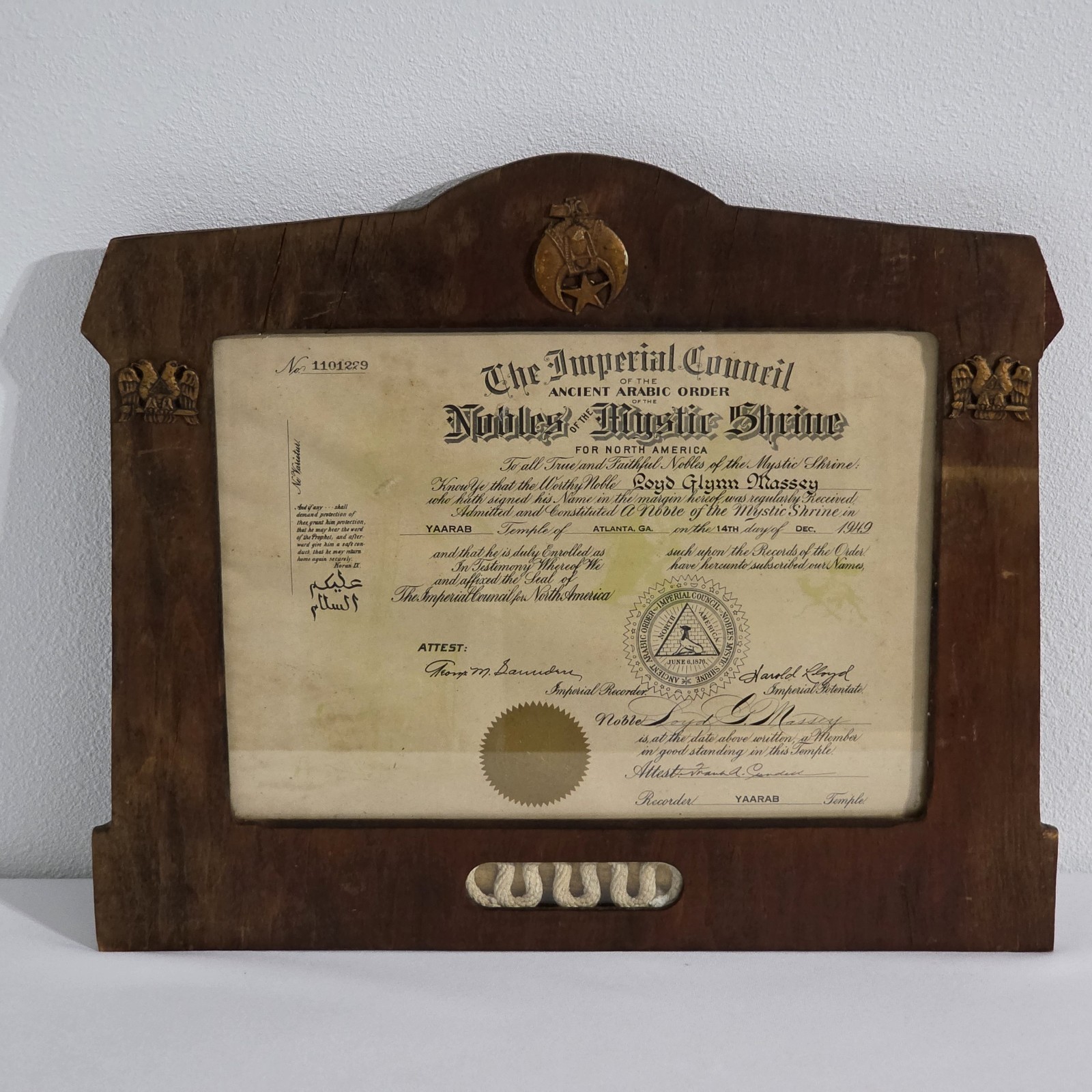 Vintage Frame & Yaarab Temple Member Certificate 1949 Signed Shriner Vintage Frame & Yaarab Temple Member Certificate 1949 Signed Shriner