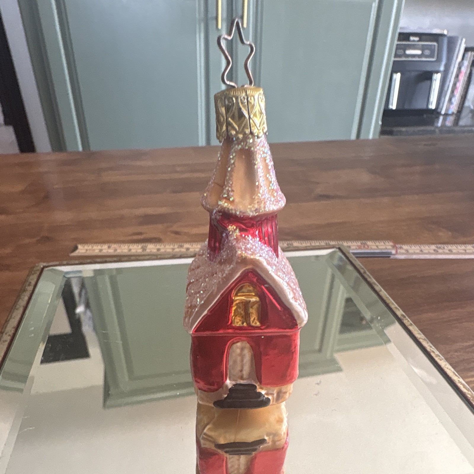 Vintage West Germany Blown Glass Church Christmas Ornament Red Mica Snow Steeple Vintage West Germany Blown Glass Church Christmas Ornament Red Mica Snow Steeple