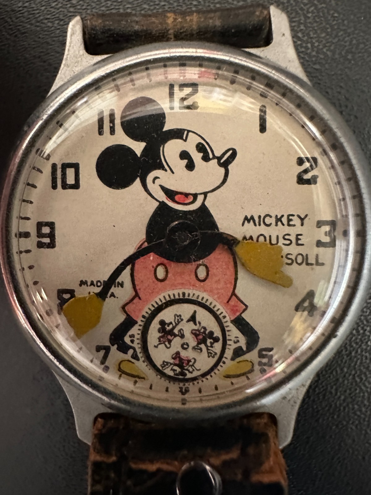Vintage Ingersoll Mickey Mouse Watch c1934–35 Original Leather Strap Not Running