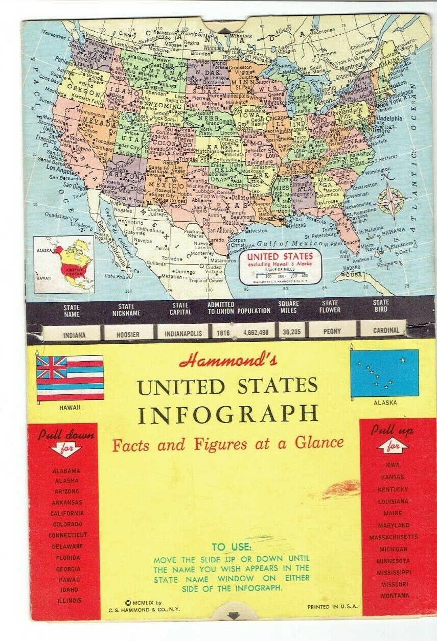 Vintage Hammond's United States Infograph 1959 State Capitals Flowers Birds Vintage Hammond's United States Infograph 1959 State Capitals Flowers Birds