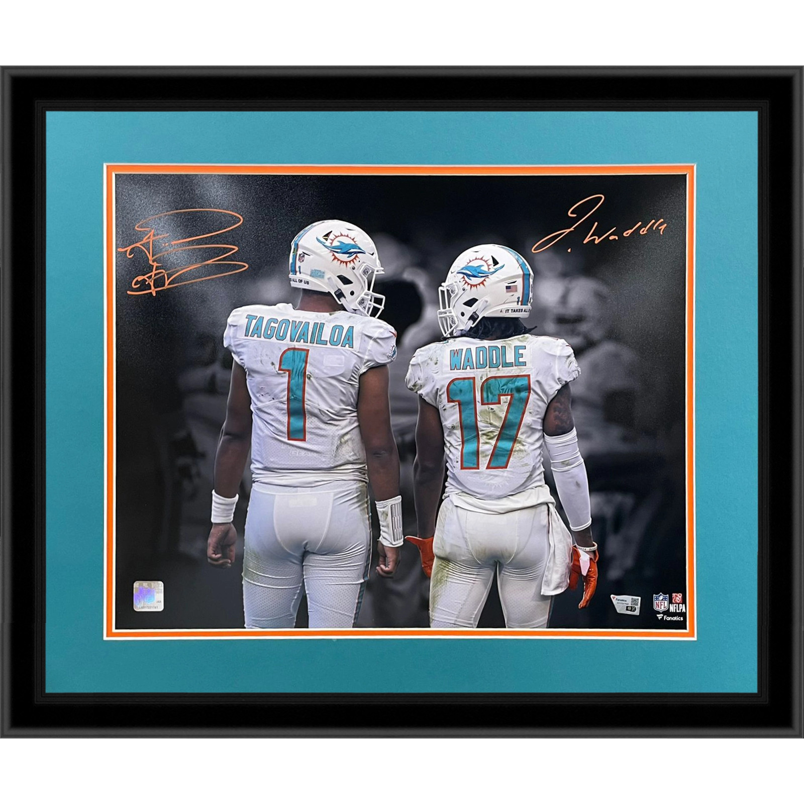 Tua Tagovailoa And Jaylen Waddle Autographed Miami Dolphins (Spotlight) Deluxe F Tua Tagovailoa And Jaylen Waddle Autographed Miami Dolphins (Spotlight) Deluxe F