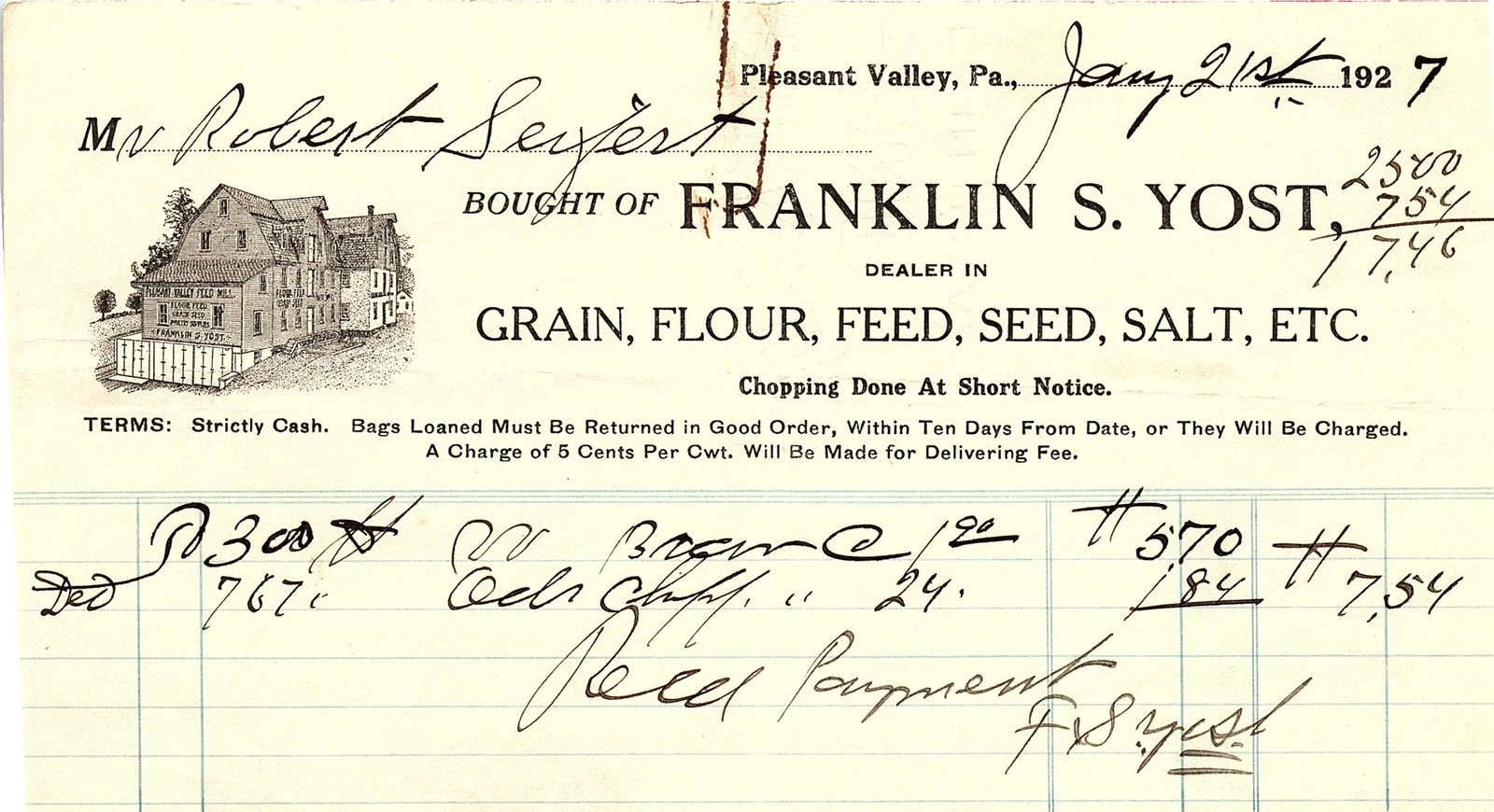1927 Franklin S. Yost Pleasant Valley PA Grain Billhead 1927 Franklin S. Yost Pleasant Valley PA Grain Billhead