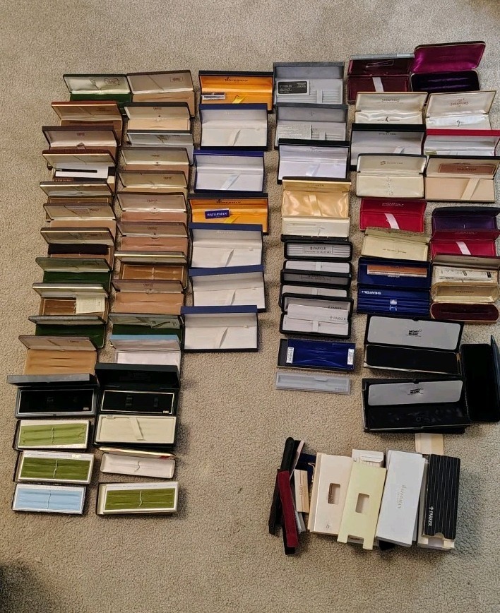 Huge Lot Of 65 Cross, Parker, Sheaffer Waterman, Montblanc Pen Boxes Huge Lot Of 65 Cross, Parker, Sheaffer Waterman, Montblanc Pen Boxes
