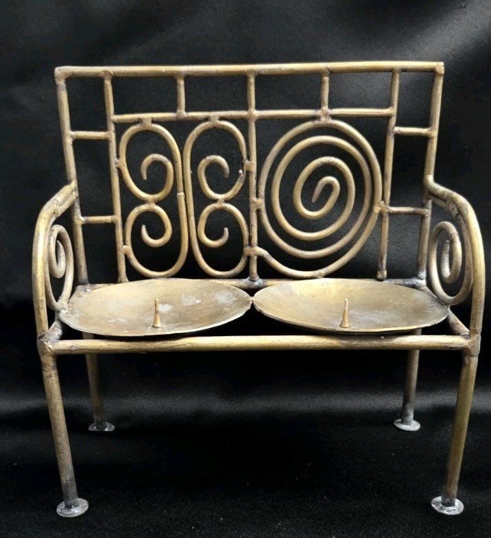 Vintage 1998 Design Junction Brass Bench Dual Candle Holder Art Deco Boho India Vintage 1998 Design Junction Brass Bench Dual Candle Holder Art Deco Boho India