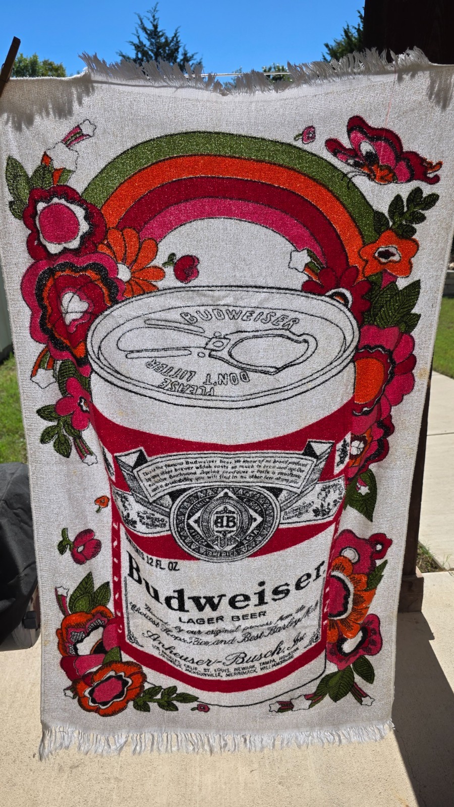 Vintage 1970s Flower Power Pop Art BUDWEISER Beach Bath Towel Vintage 1970s Flower Power Pop Art BUDWEISER Beach Bath Towel